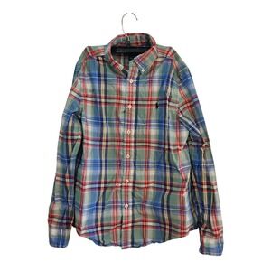 Ralph Lauren Plaid Button Down Shirt Kids L 14-16 Green Blue Red Long Sleeve